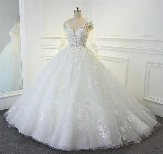 formal dressV-Neck White Organza Ball Gown Wedding Dresses Long Sleeve Bridal Dress S27009