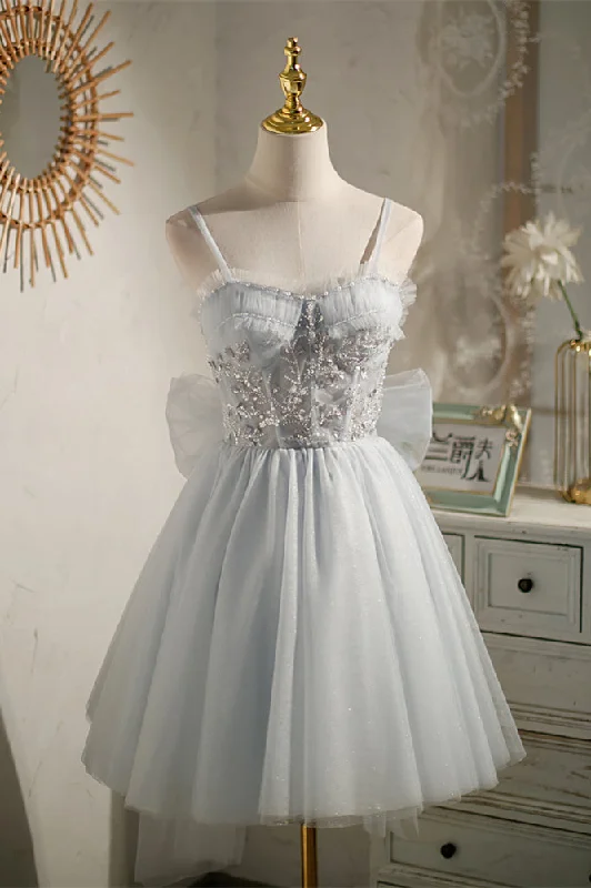 printed dressStraps Grey Tulle Beaded Short Homecoming Dress