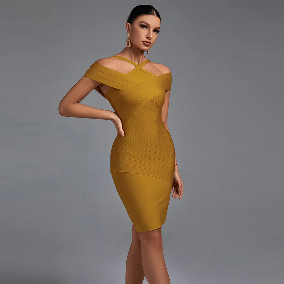 flowy maxi dressMustard Yellow Strappy Off Shoulder Sleeve Mini Bandage Dress