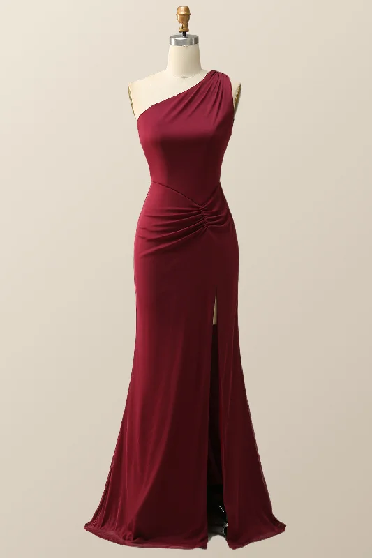 evening dressOne Shoulder Burgundy Mermaid Long Bridesmaid Dress