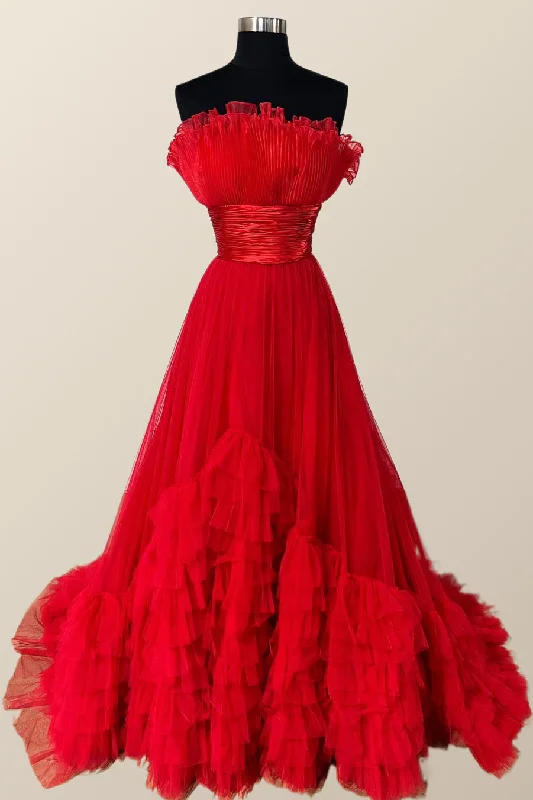 v-neck dressFit and Flare Red Tulle Ruffles Long Formal Gown