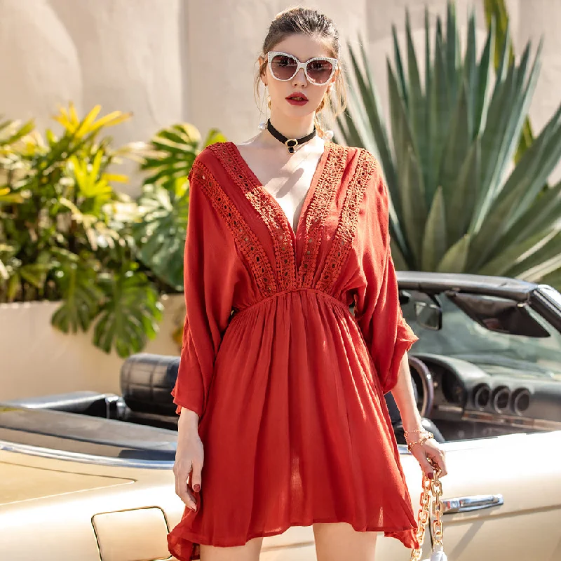 casual evening dressKittenAlarm - Women Deep V-Neck Boho Dress Solid High Waist Midi Dress 3/4 Sleeve