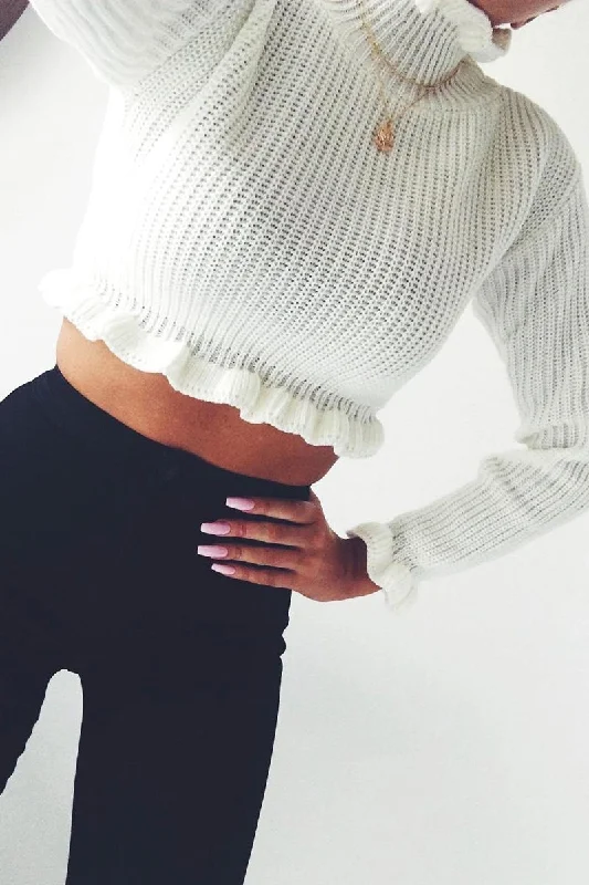 sports pullover sweatshirtWhite Ruffle Hem Chunky Knit Crop Jumper - Alannah