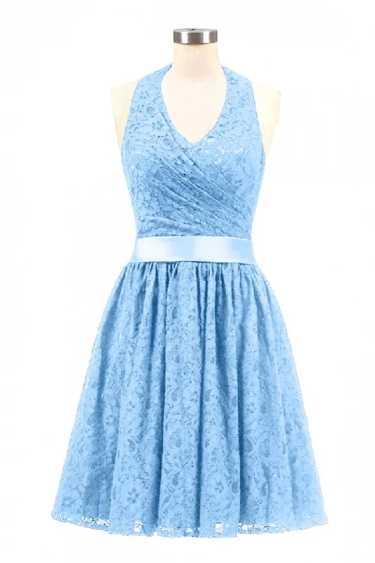 elegant evening dressHalter Blue Lace Short A-line Bridesmaid Dress