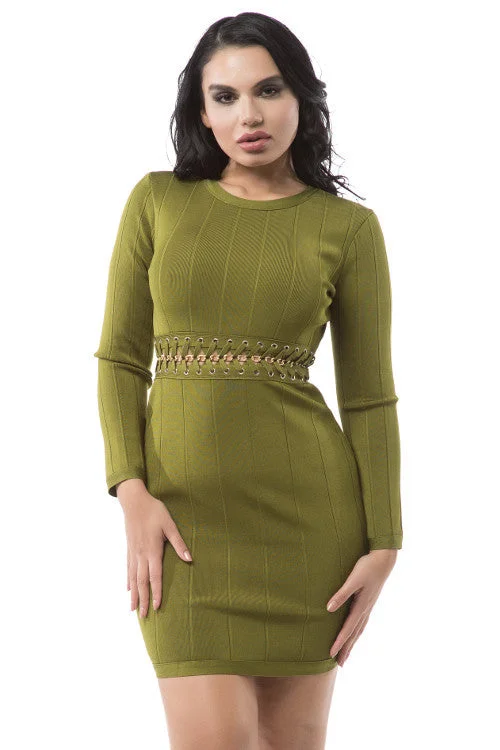 puff sleeve dressLong Sleeve Gold Chain Detail Bandage Dress - Olive