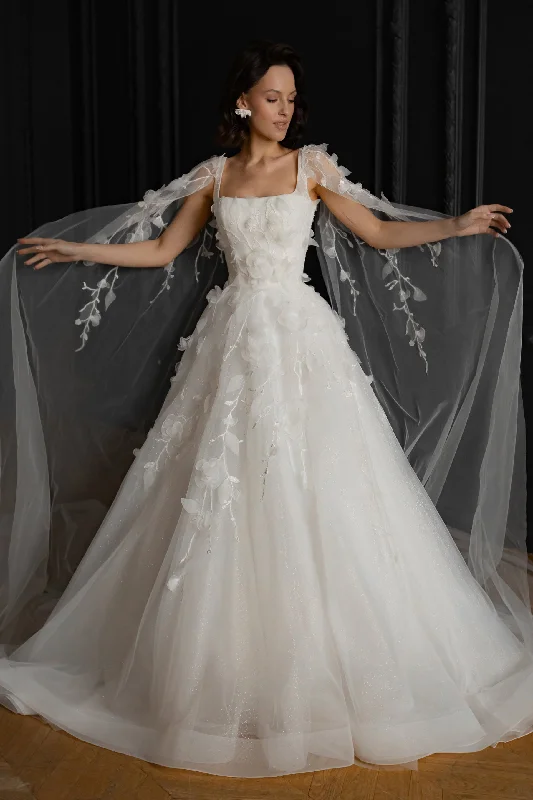 pleated maxi dressFloral Lace Wedding Dress Chyanne with Detachable Wings