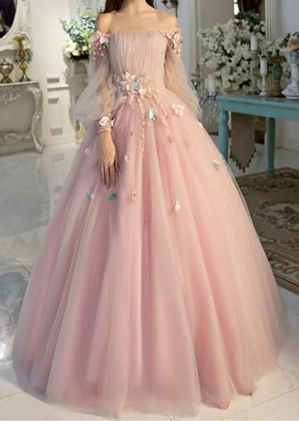 off-shoulder dressLong Sleeve Prom Dresses, Pearl Pink Ball Gown Long Floral Fairy Prom Dress S24387