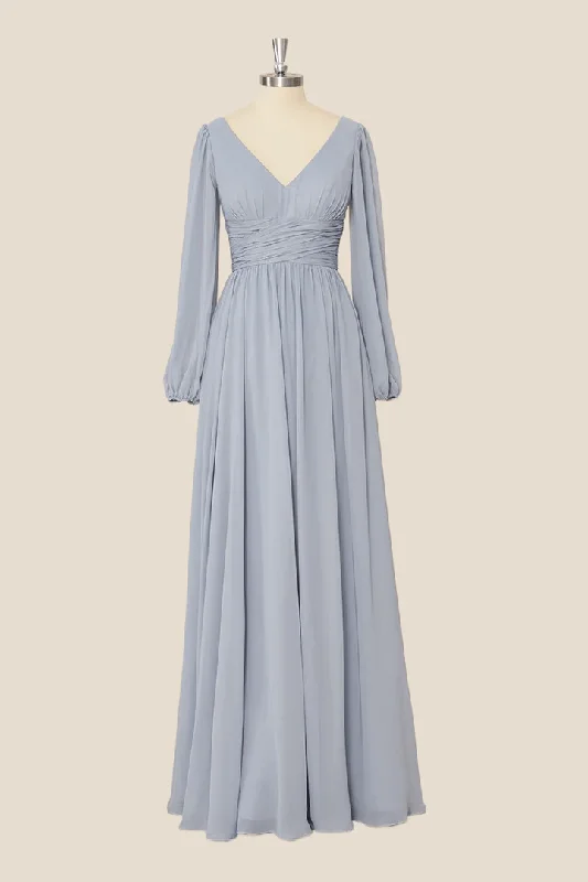 comfy dressGrey Long Sleeves Chiffon A-Line Long Party Dress Bridesmaid Dress,DP1819