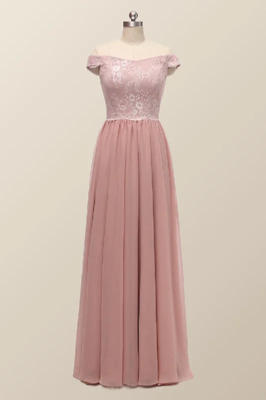 summer floral dressOff the Shoulder Blush Pink Lace and Chiffon Bridesmaid Dress