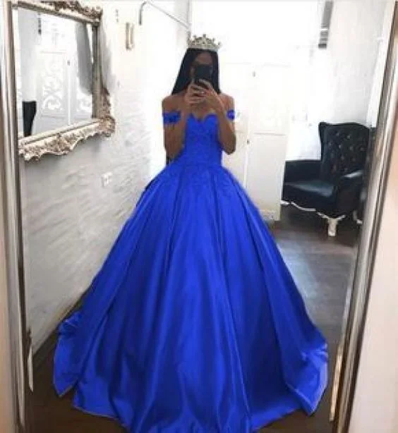 pleated maxi dressRoyal Blue Prom Dresses Satin,Off the Shoulder Appliqued Quinceanera Dresses Sweep Train S17697