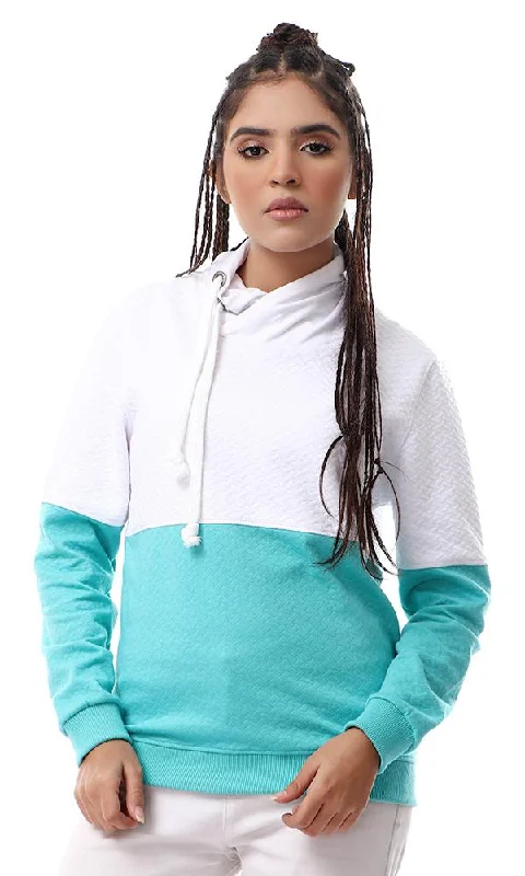 trendy fitness sweatshirt55588 Bi-Tone Patterned High Neck Hoodie - White & Medium Aquamarine