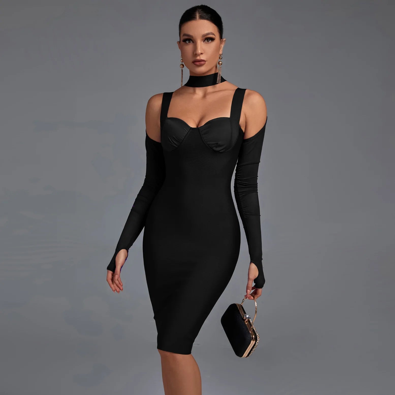 winter dressBlack Long Sleeve Cut Out Midi Bandage Dress