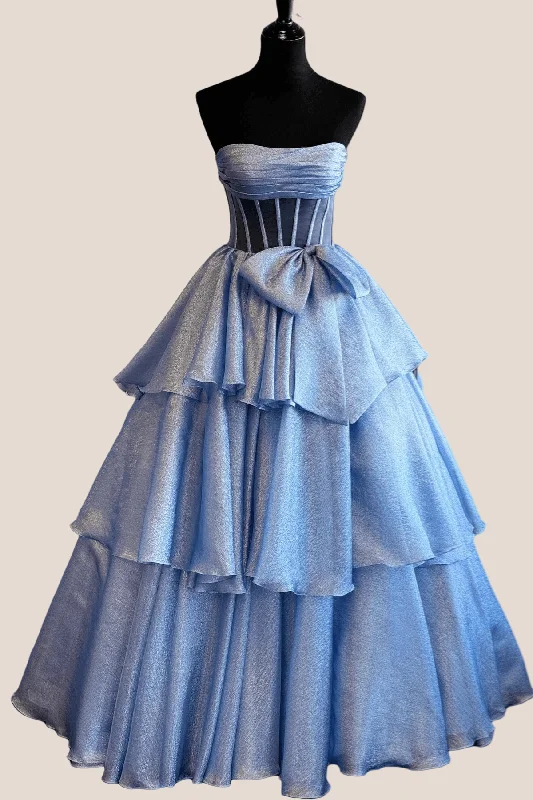 sleek midi dressStrapless Dusty Blue Tiered Long Dress with bow