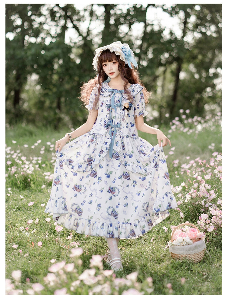 winter dressWith PUJI~Berry Basket~Country Lolita OP Dress Blueberry Print Dress