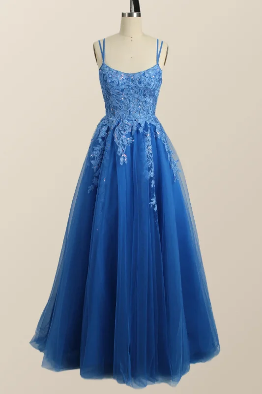 party dressBlue Appliques A-line Tulle Long Dress