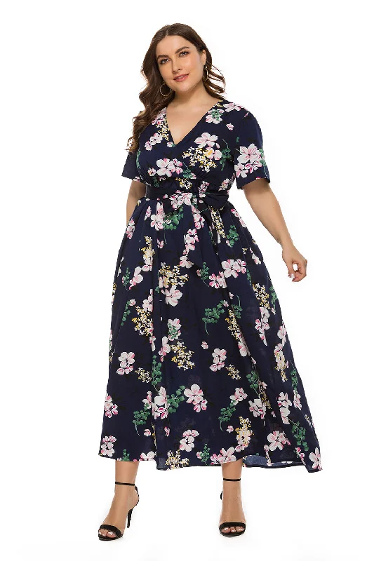 high-waisted dressKittenAlarm - Plus size Bohemian V-neck split short sleeve dress