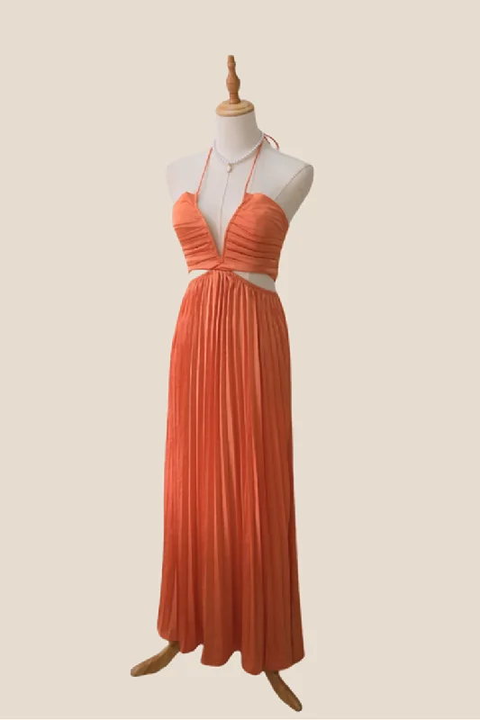 formal dressHalter Orange Cutout Pleated Chiffon Long Dress