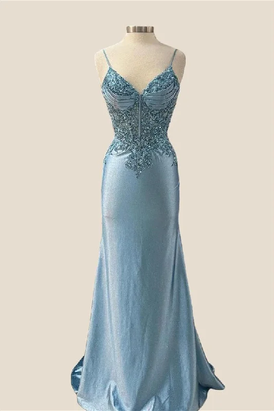 romantic dressV-neck Blue Beaded Mermaid Satin Long Dress