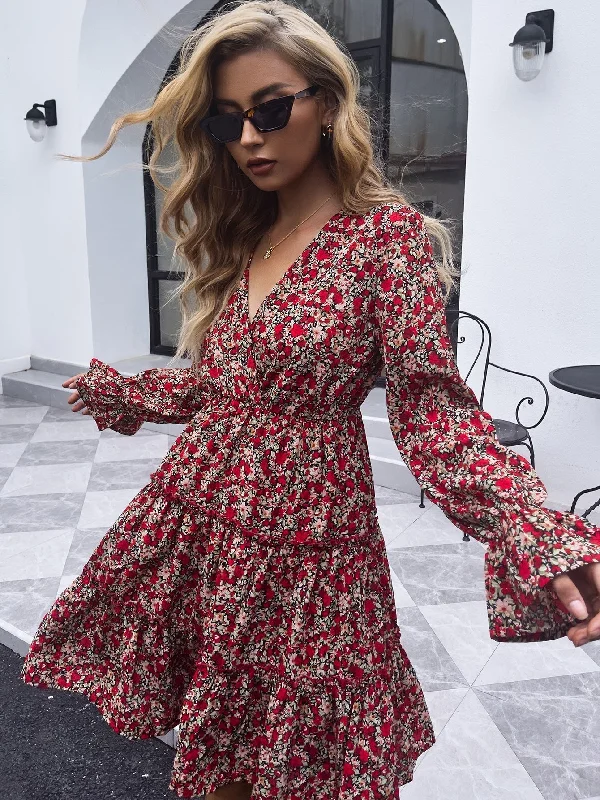 evening dressKittenAlarm - V-neck red floral mid-length casual long-sleeved dress