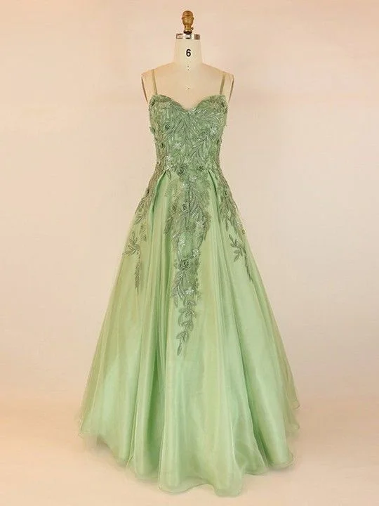 spaghetti strap dressBall Gown V-neck Tulle Floor-length With Appliques Lace Prom Dresses  S26312