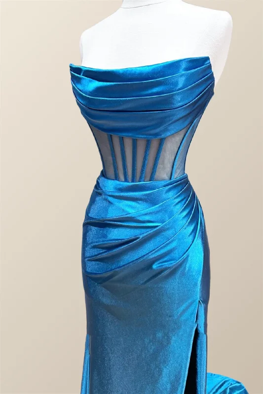 fitted bodycon dressRuched Cowl Neck Blue Satin Mermaid Formal Dress