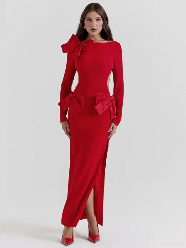 minimalistic dressElegant Bow Backless Maxi Christmas Party Dress