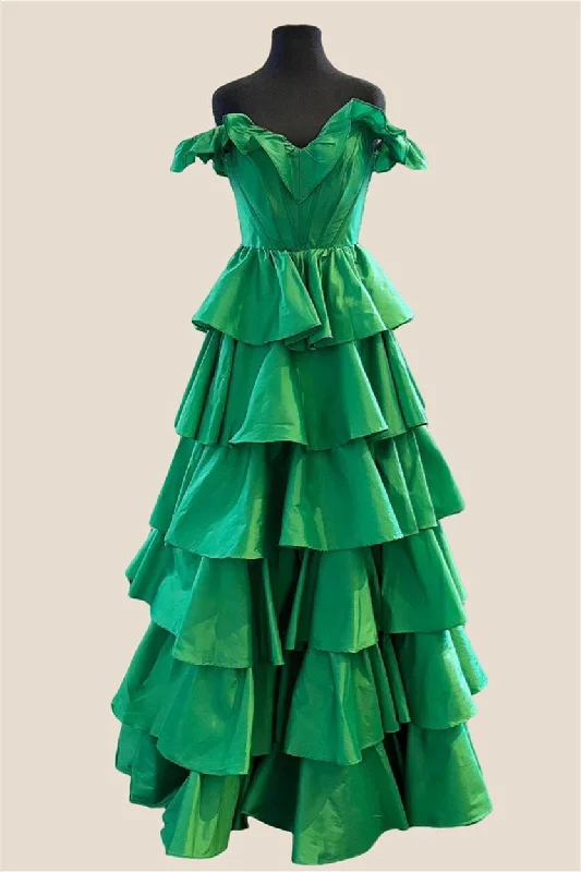 modern dressOff the Shoulder Emerald Tiered Long Dress with Slit