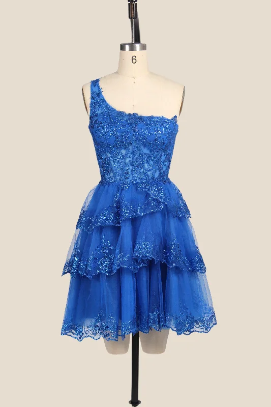 boho-chic dressOne Shoulder Royal Blue Sequin Tiered Short Dress