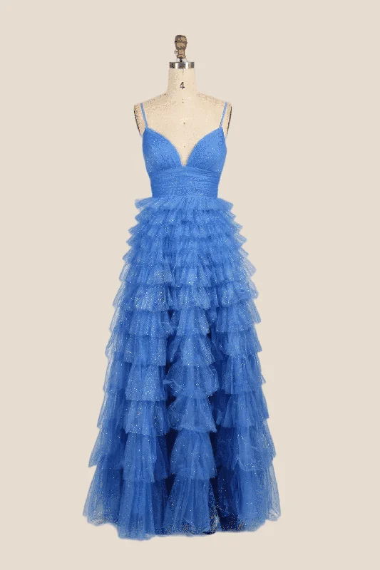 pleated dressV-neck Blue Ruffles Tiered Long Dress with Slit