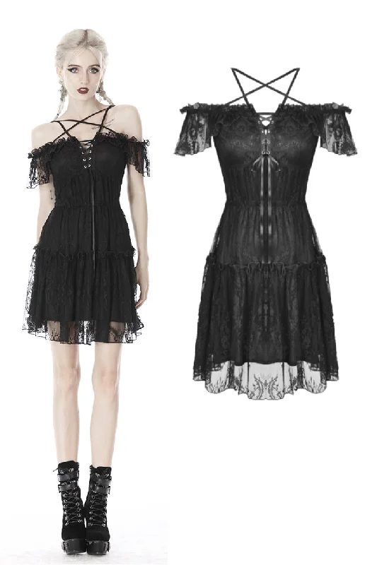 flowy evening dressGothic lace star-line chest short sleeves dress DW408