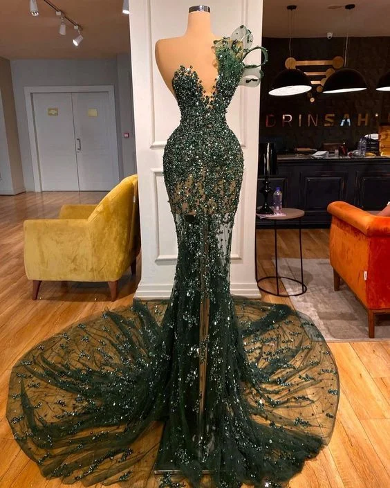 ruched dressDark Green Sequins Lace Beaded Crystals Prom Dresses Sparkly Long Sleeves Birthday Party Evening Dress,DP0295