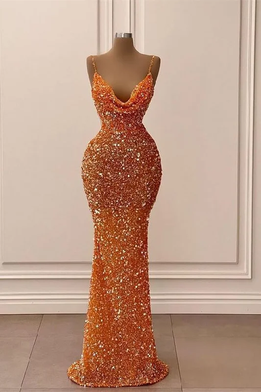 high-waisted dressOrange V-Neck Mermaid Spaghetti-Straps Long Prom Dress With Sequins Y59