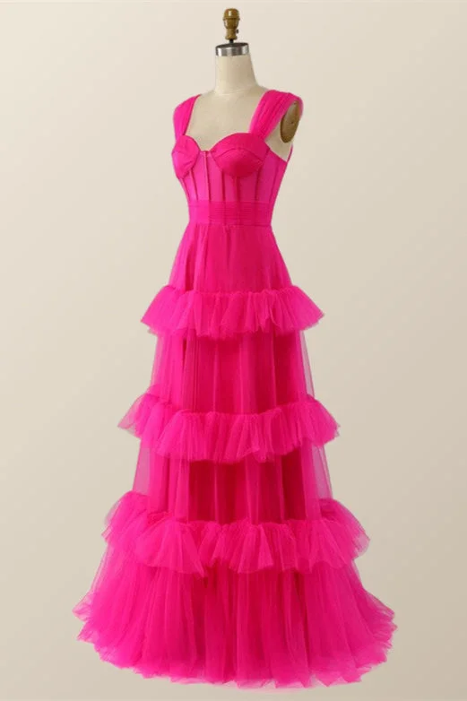 summer dressHot Pink Corset Tiered Layers Long Dress