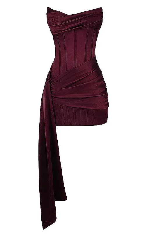 vintage-inspired dressWine Red Strapless Satin Short Evening Party Dress Cocktail Dress, DP3426