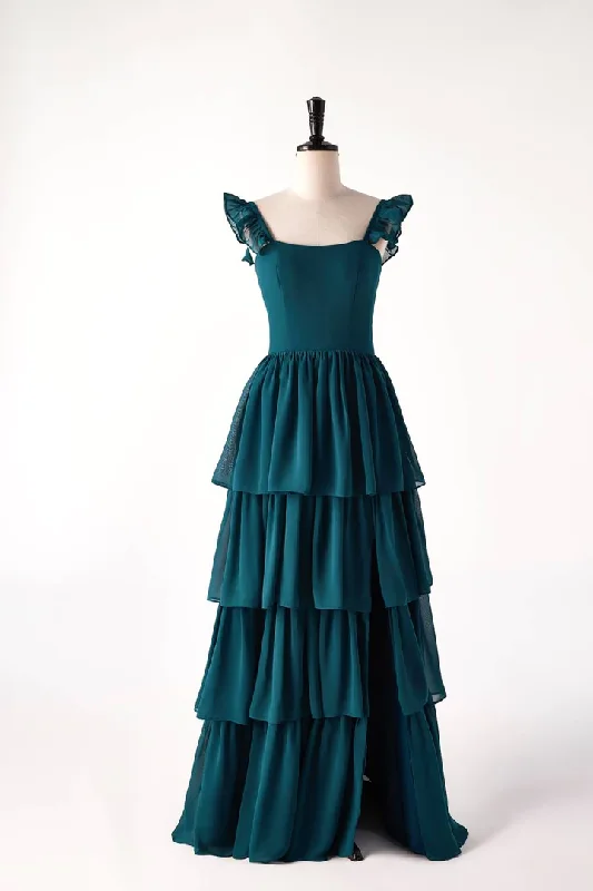 floral wrap dressDark Teal Ruffle Long Party Dress Bridesmaid Dress,DP1818