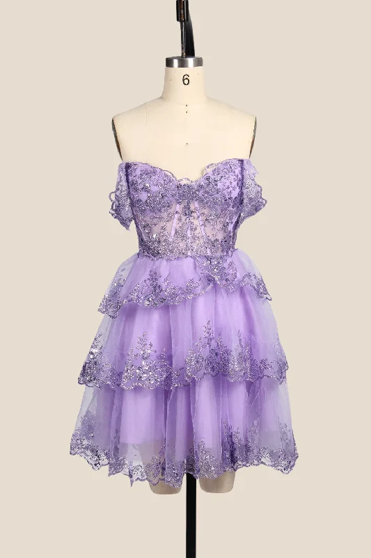 playful dressOff the Shoulder Lavender Sequin Tiered Short Dress