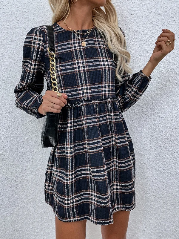 floral wrap dressKittenAlarm - Plaid leisure long sleeve waist pleated dress