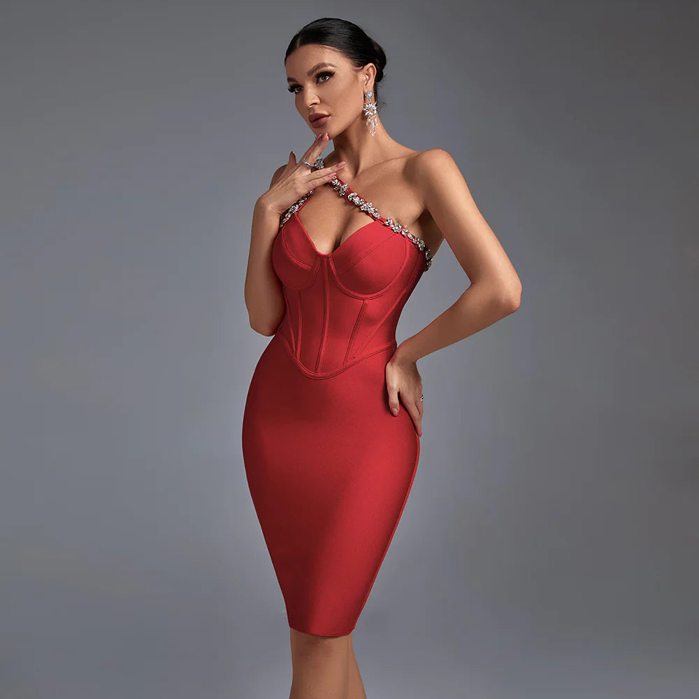 casual shift dressRed One Shoulder Rhinestone Mini Bandage Dress