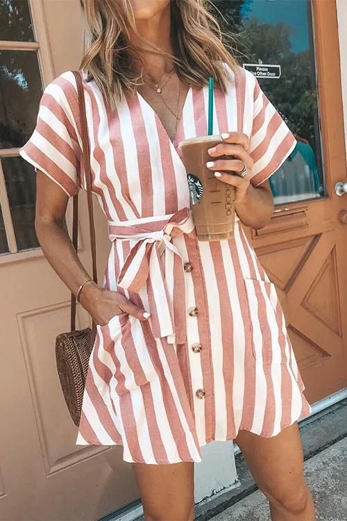 casual slip dressRishi Cotton Pocketed Striped Shirt Dress - Mocha