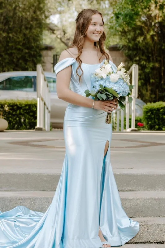 comfy maxi dressOff the Shoulder Light Blue Satin Mermaid Prom Dress