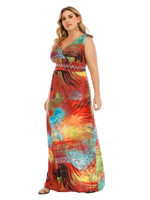 satin dressKittenAlarm - Plus Size Tie Shoulder Smocked Waist Maxi Dress