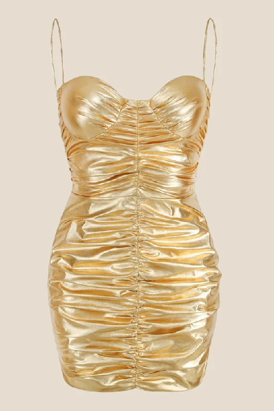 luxury dressSpaghetti Straps Golden Ruched Tight Short Dress