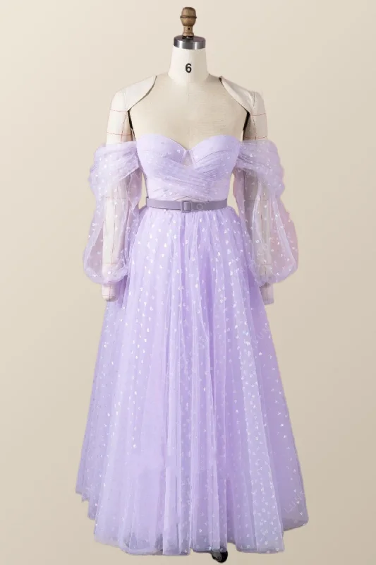 high-waisted dressLong Sleeves Lavender Hearts Print Long Dress