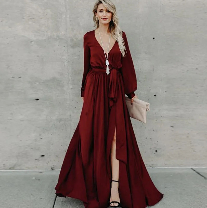 pleated maxi dressKittenAlarm - Women Casual Long Sleeve V Neck Slit hem Maxi Dress Belted Solid Color Ladies Elegant Long Dress