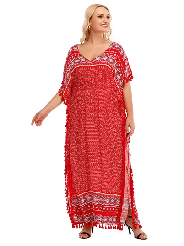 v-neck dressKittenAlarm - Onesize Boho Print Elastic Waist Dress With Tassel Detail