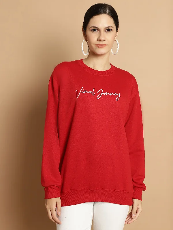 graphic gym sweatshirtVimal Jonney Maroon Printed Round Neck Cotton Fleece Sweatshirt for Women