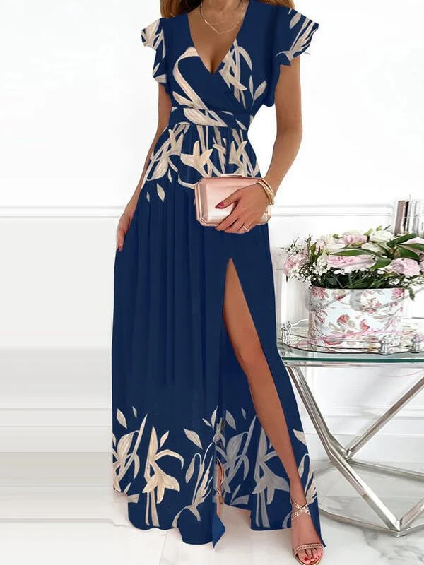 flowy dressV-Neck Printed Short Sleeve Slit Dress