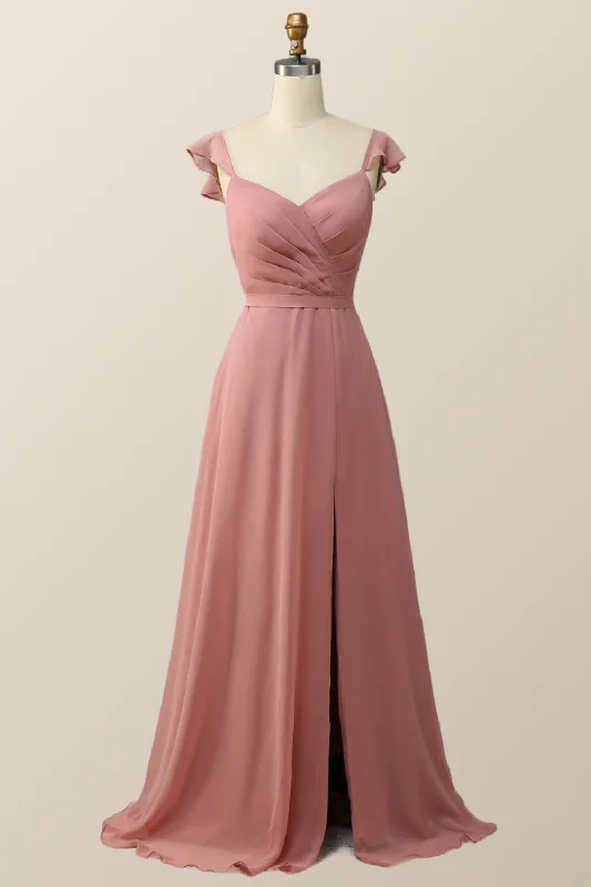 pleated dressBlush Pink Ruffled Flare Sleeve Chiffon Long Bridesmaid Dress