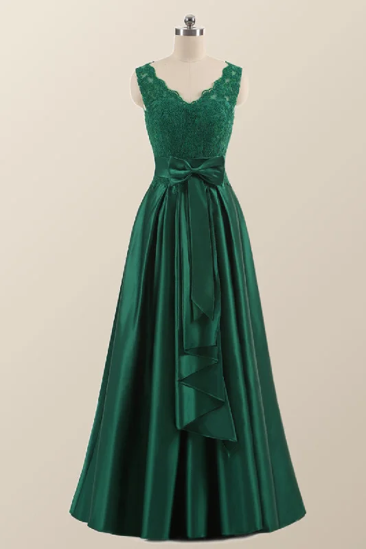 floral midi dressGreen Lace and Satin A-line Long Formal Dress