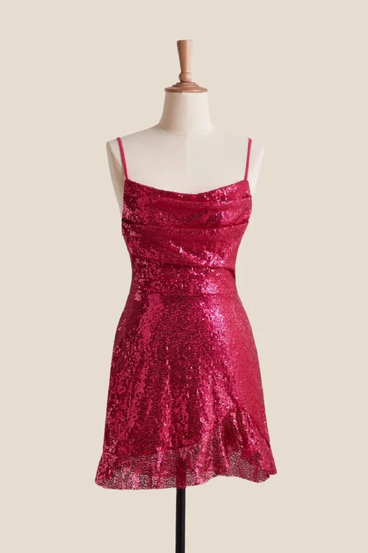 casual midi dressStraps Fuchsia Ruched Sequin Short Dress